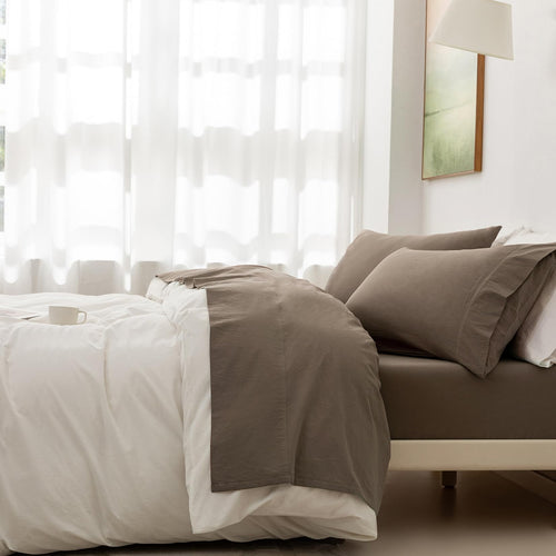 BDEAR 6PCS Light Brown Linen Feel Sheet Set King Size 100% Washed Cotton Bedding Sheets Sets Cover 1PC Minimalism Flat Sheet and 1PC Fitted Plain Sheet and 4 Pillowcases 108" x 102"