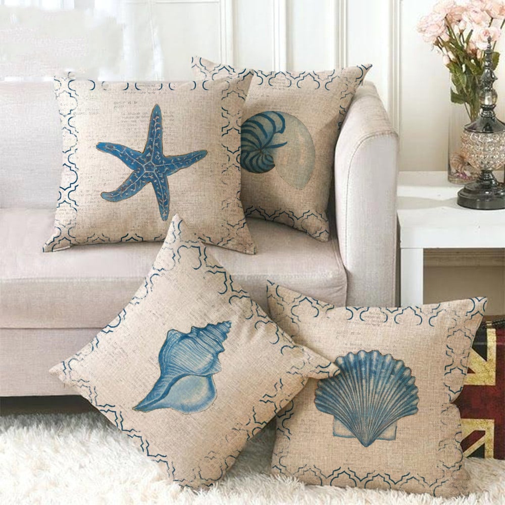 Blue Wind Sea Life Linen Pillowcase Cover