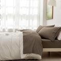 BDEAR 6PCS Light Brown Linen Feel Sheet Set King Size 100% Washed Cotton Bedding Sheets Sets Cover 1PC Minimalism Flat Sheet and 1PC Fitted Plain Sheet and 4 Pillowcases 108" x 102"
